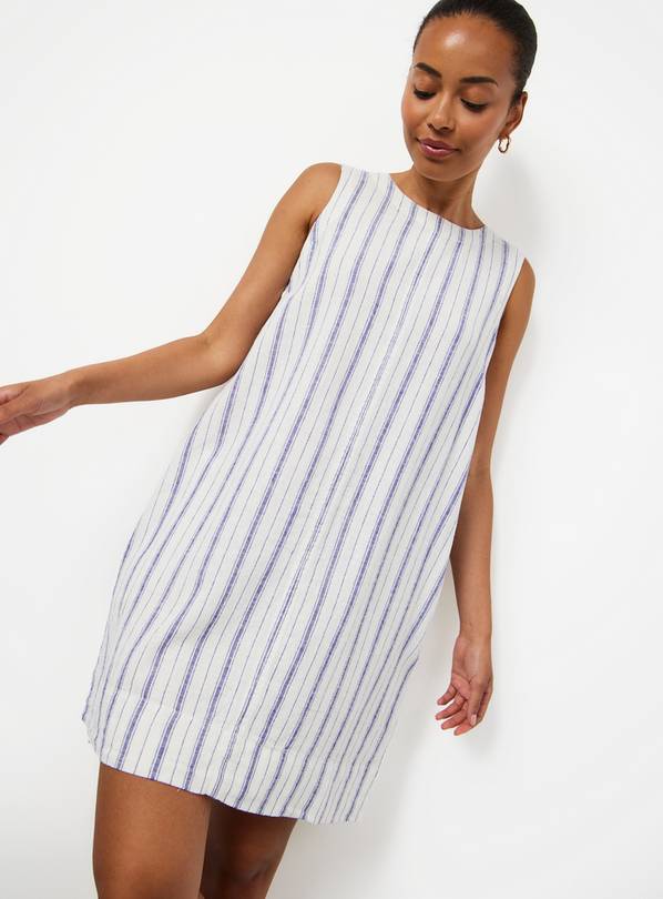 White Stripe Print Linen Rich Sleeveless Mini Shift Dress 10